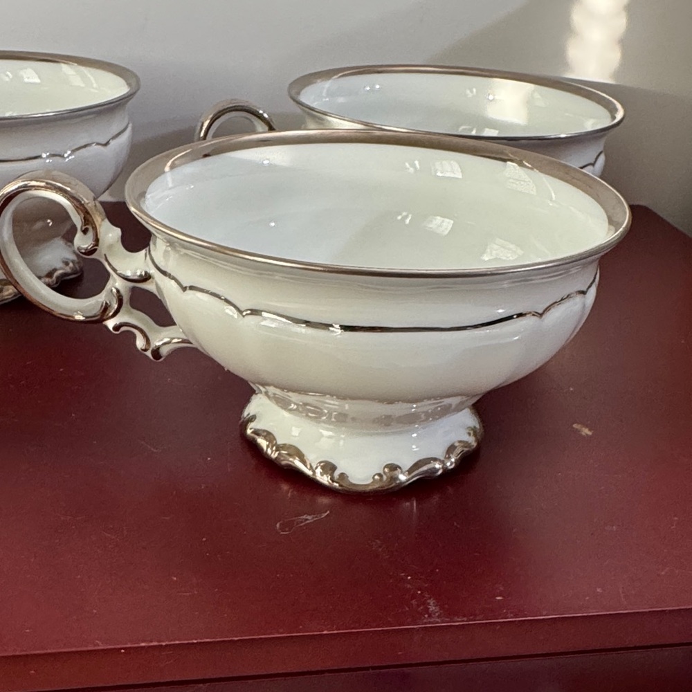 Vintage Hutschenreuther Sylvia Revere Platinum Trim Footed Teacup Set of 4 - Picture 2 of 8
